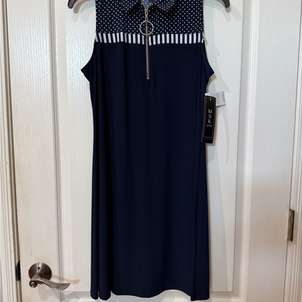 MSK size MP Navy zipper neck sleeveless and White Midi Dress with Polka Dots NWT